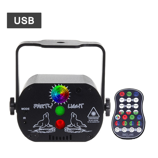 60 patterns Mini DJ Disco Light Party Stage Lighting Effect Voice Control USB Laser Projector Strobe Lamp for Home Dance Floor