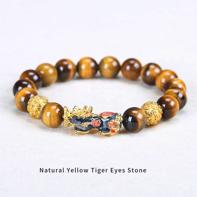 JD Stone Beads Bracelet Men Women Unisex Chinese Feng Shui Pi Xiu Obsidian Wristband Gold Wealth & Good Luck Pixiu Men Bracelet
