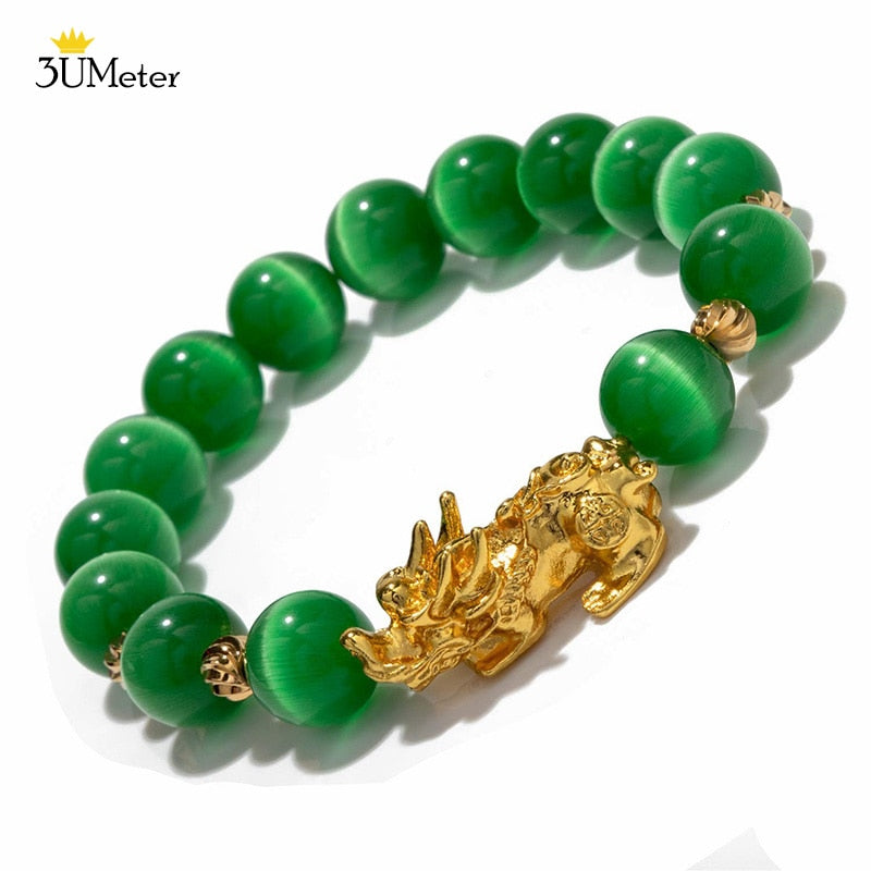 New Pixiu Bracelet Green Natural Cat Eye Bead Bracelet Feng Shui Gold Plated Pi Xiu Bracelets Attract Wealth And Good Luck Gift