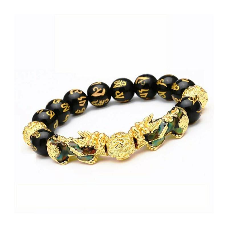 Pi Xiu Bracelet Beaded Feng Shui Black Obsidian Wealth Money Hand Carved Mantra Bead Bracelet for Men Women Elastic Bracelets