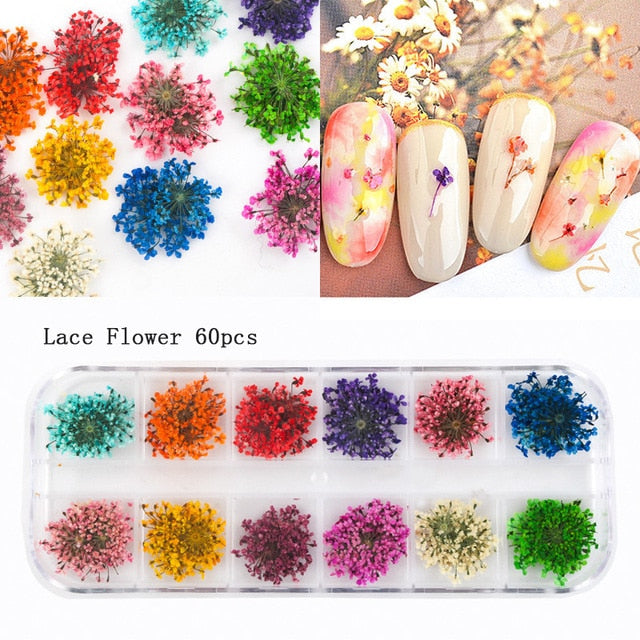 24/36/48/60PCS Natural Dried Flowers Nail Art for Women Girl DIY Nail Designs 3D Japanese Nail Art Decorations Nail Supplies