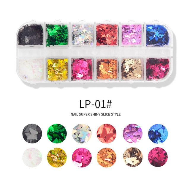 12 Grids/set Fluorescence Butterfly Nail Sequins Colorful Mixed Butterfly Round Thin Flakes 3D Nail Supplies Nail Art Decoration