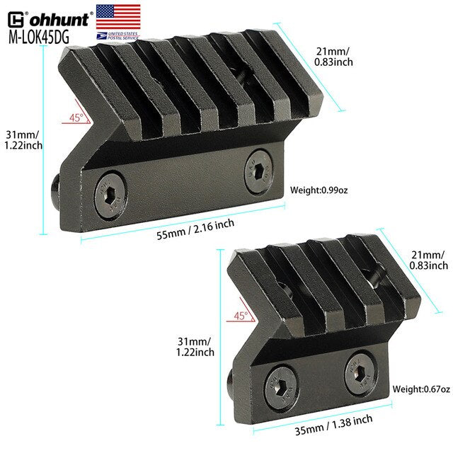 SHIP FROM USA Ohhunt 3and5 Slots 45 Degrees Picatinny Weaver Angle Offset Adapter Rail Mount Base For M-LOK M-LOK Handguard