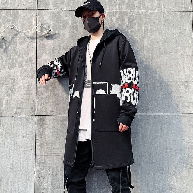 2021 Autumn Men Hooded Jackets Print Harajuku Windbreaker Ribbon Overcoat Male Casual Outwear Hip Hop Streetwear Coats LBZ155