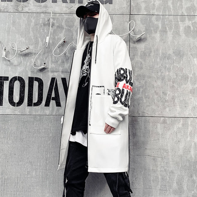 2021 Autumn Men Hooded Jackets Print Harajuku Windbreaker Ribbon Overcoat Male Casual Outwear Hip Hop Streetwear Coats LBZ155