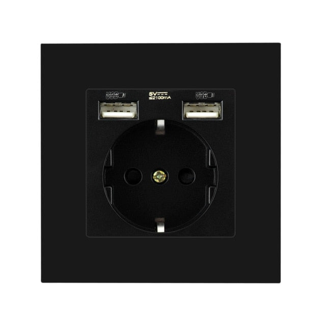 USB  Plug Socket EU Standard Power Socket Double Wall Usb Socket Charger AC110V-250V 16A Crystal Glass Panel/Plastic Panel