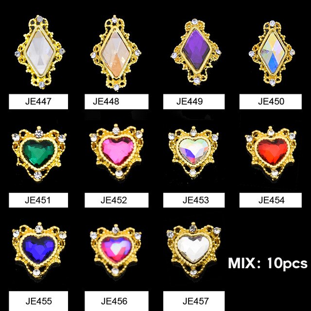 10pcs Japan Frame Heart  Rhombus 3D Crystal Frame Parts Crystal Nail Charm Nail Metal Charm Crystal Supplies Jewelry Accessory