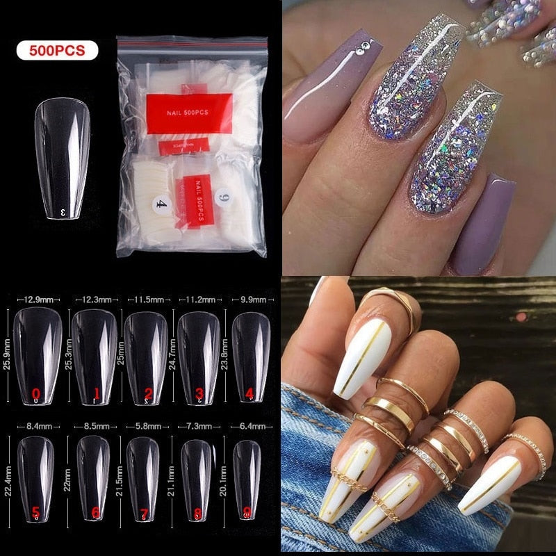 500pcs/bag Coffin Medium False Nail Tips Full Cover Tips Artifical Fake Nails Clear Natural Nail Extension Supplies Salon Tools