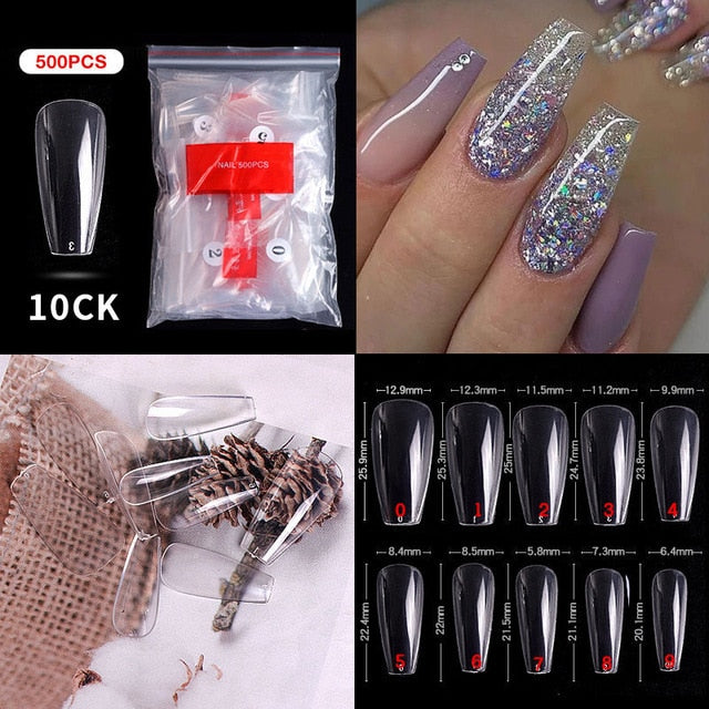 500pcs/bag Coffin Medium False Nail Tips Full Cover Tips Artifical Fake Nails Clear Natural Nail Extension Supplies Salon Tools