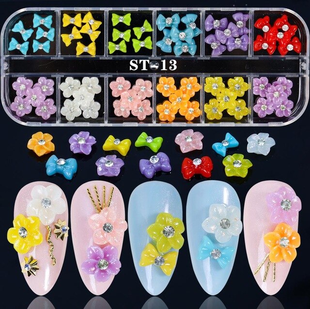 1 Box Colorful Various Petal Flowers Bow Ties Glazed Pearl 3d Nail Art Decorations Charms Nail Glitter  Supplies Tools Jewelry