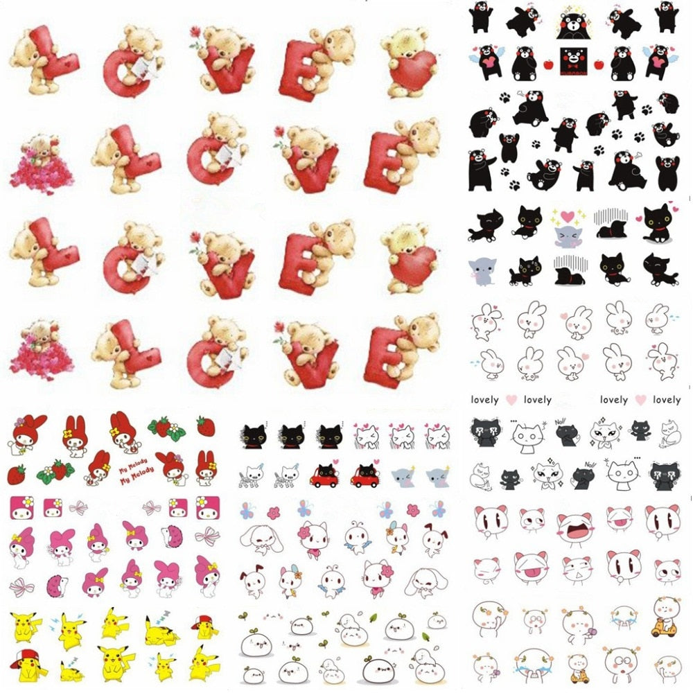 12 sheets cartoon water decal nail art nail sticker slider tattoo full Cover Decals manicure supplies tools bear cat design