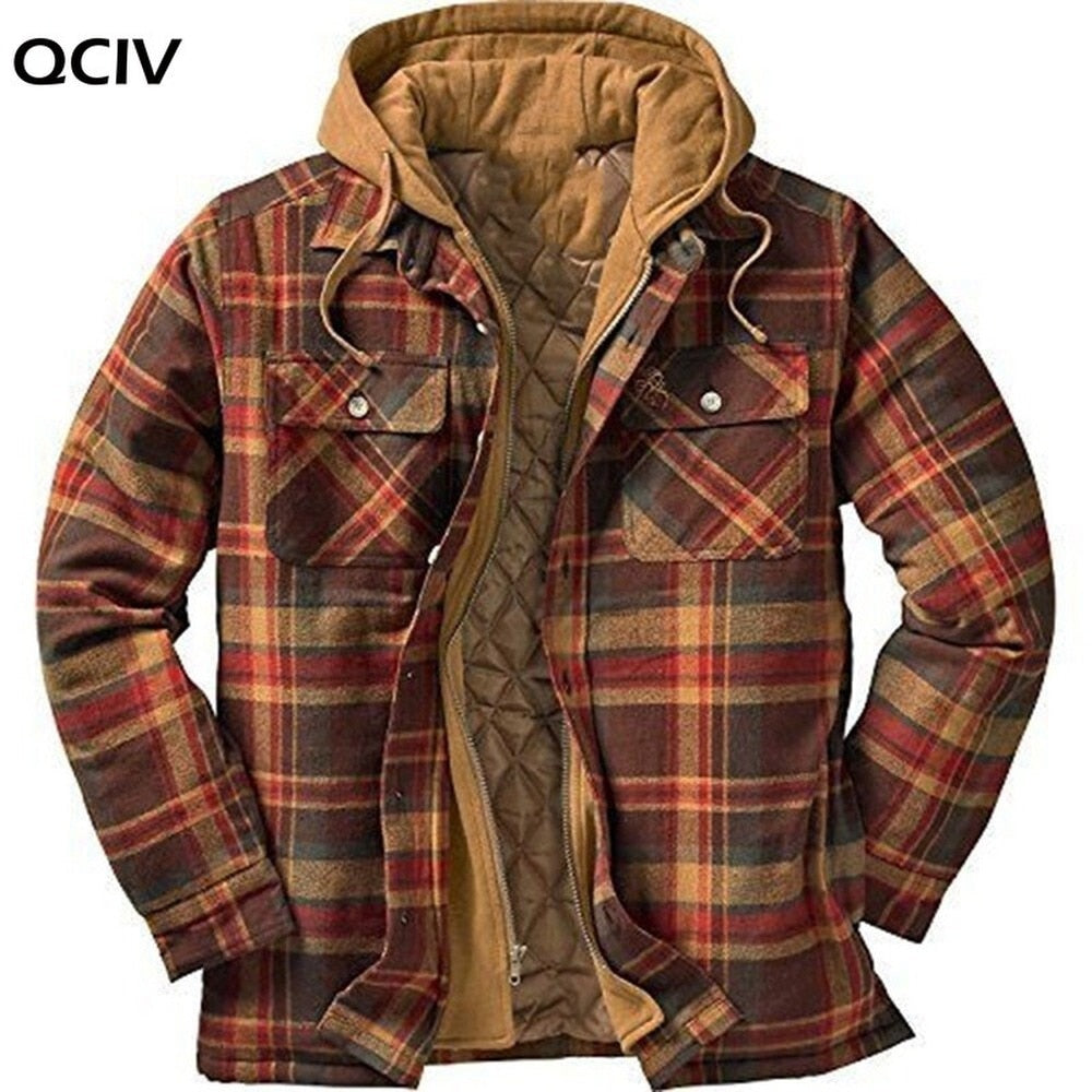 Explosive Men's Clothing European American Autumn and Winter Models Thick Cotton Plaid Long-sleeved Loose Hooded Jacket