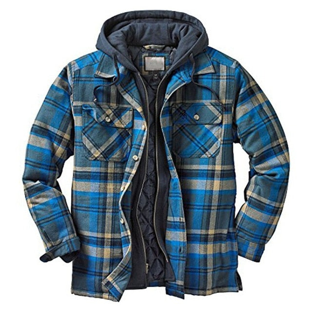 Explosive Men's Clothing European American Autumn and Winter Models Thick Cotton Plaid Long-sleeved Loose Hooded Jacket