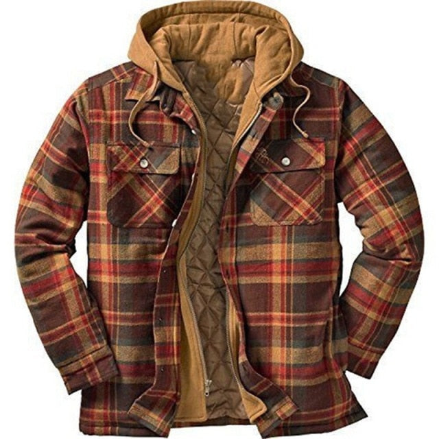 Explosive Men's Clothing European American Autumn and Winter Models Thick Cotton Plaid Long-sleeved Loose Hooded Jacket