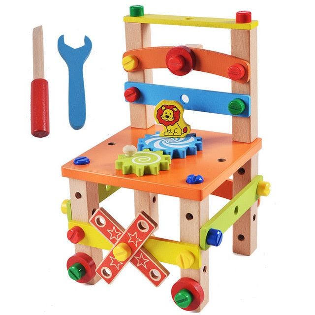 Wooden Assembling Chair Montessori Toys Baby Educational Wooden Blocks Toy Preschool Children Variety Nut Combination Chair Tool