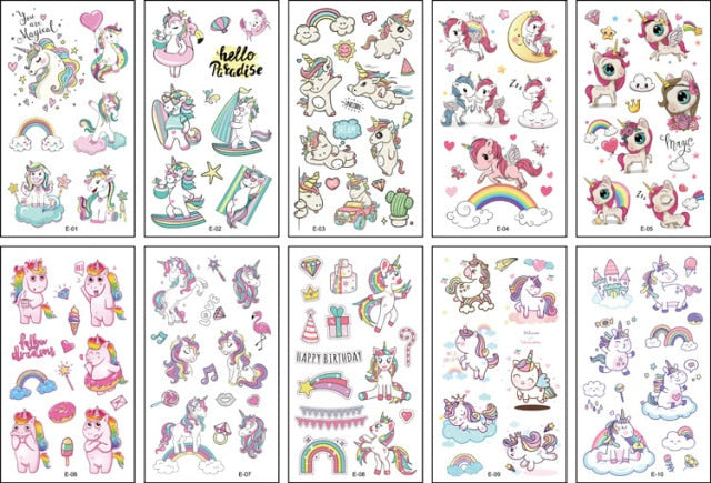 10 Sheets/Set Children Cute Cartoon Unicorn Temporary Tattoo Stickers Baby Shower Kids Body Makeup Sticker Tattoos