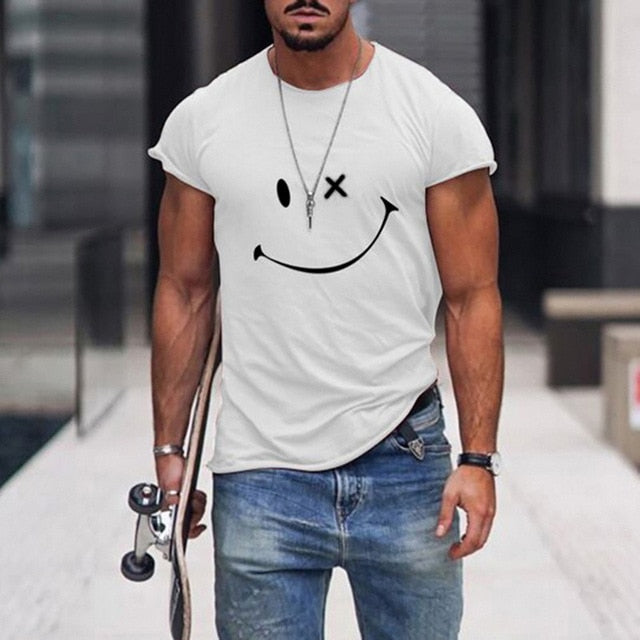 2021 Summer Casual Short Sleeve T-Shirts For Mens Fashion Smiley Face Print O-Neck Pullover Tops Plus Size Male Tee Streetwear