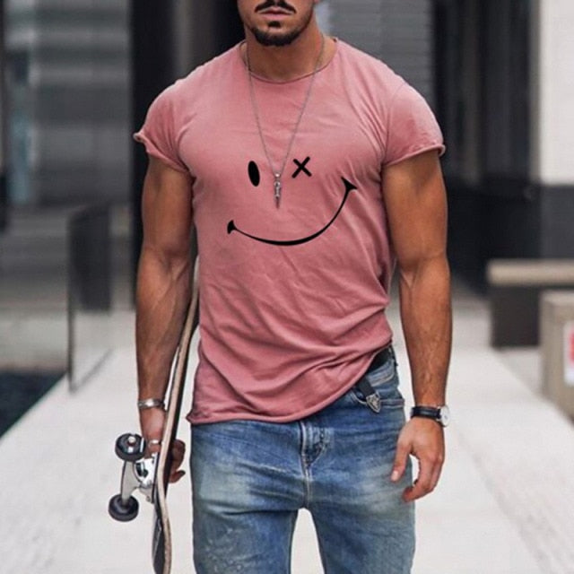 2021 Summer Casual Short Sleeve T-Shirts For Mens Fashion Smiley Face Print O-Neck Pullover Tops Plus Size Male Tee Streetwear