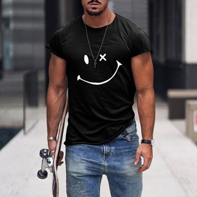 2021 Summer Casual Short Sleeve T-Shirts For Mens Fashion Smiley Face Print O-Neck Pullover Tops Plus Size Male Tee Streetwear