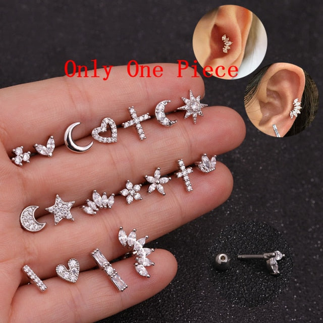 1Piece Stainless Steel Stud Earrings for Women 2021 Trendy Jewelry Moon Star Heart 1.2mm Piercing Earring for Teens Ear Cuffs