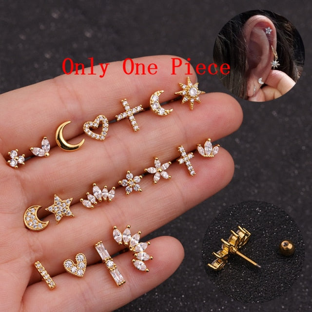 1Piece Stainless Steel Stud Earrings for Women 2021 Trendy Jewelry Moon Star Heart 1.2mm Piercing Earring for Teens Ear Cuffs