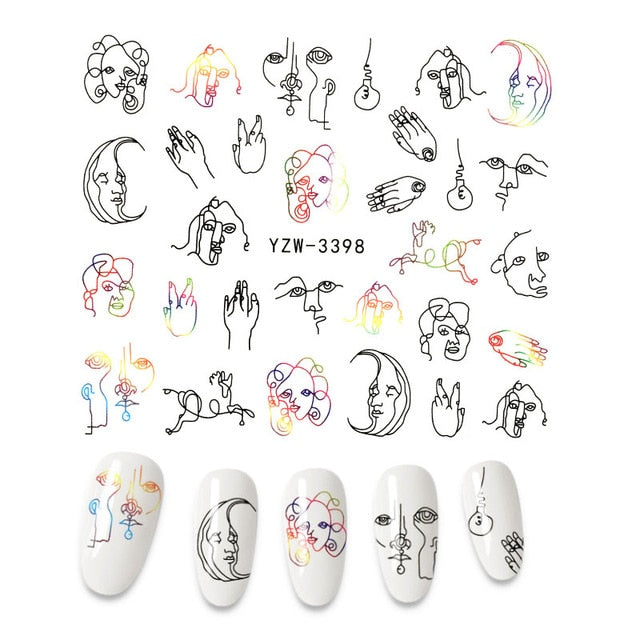 3D Flower Nail Stickers Women Face Sketch Abstract Butterfly Image Sexy Girl Nail Art Decor Sliders Manicure Stickers for Nails