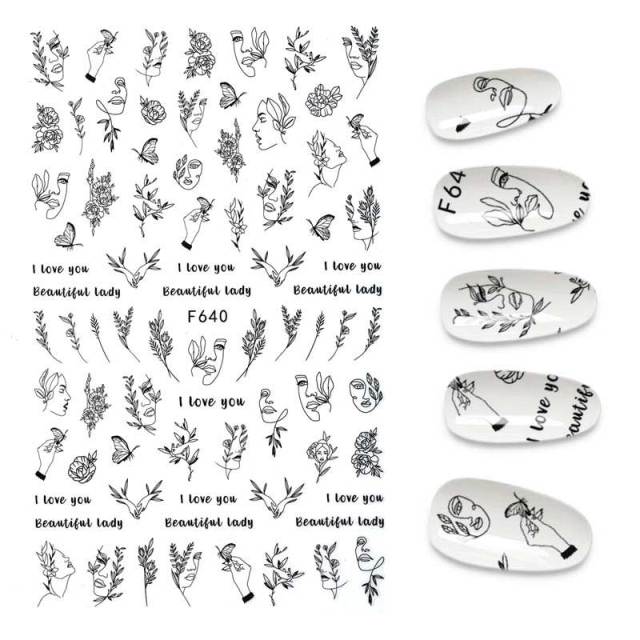 3D Flower Nail Stickers Women Face Sketch Abstract Butterfly Image Sexy Girl Nail Art Decor Sliders Manicure Stickers for Nails