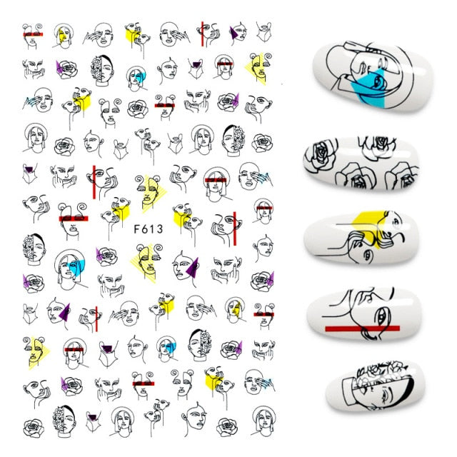 3D Flower Nail Stickers Women Face Sketch Abstract Butterfly Image Sexy Girl Nail Art Decor Sliders Manicure Stickers for Nails