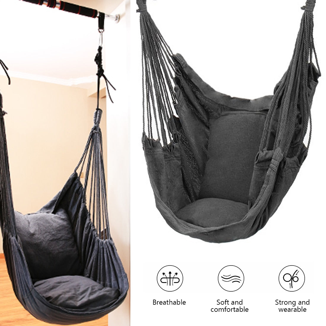 Hammock Portable Beach Chair Hanging Rope Chair Swing Chair Seat for Adults Kids Garden Hammock with Support Indoor Outdoor