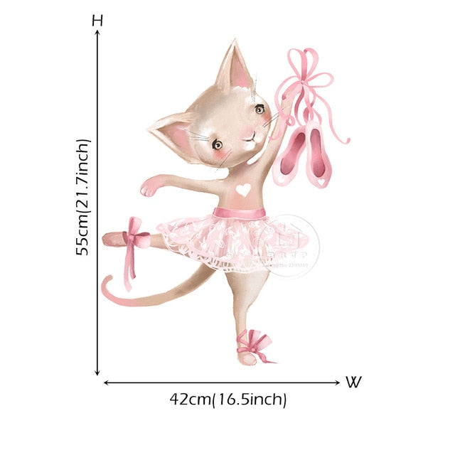 Cute Grey Bunny Ballet Rabbit Wall Stickers for Kids Room Cat Baby Nursery Wall Decals Pink Flower for Girl Room Home Decoration