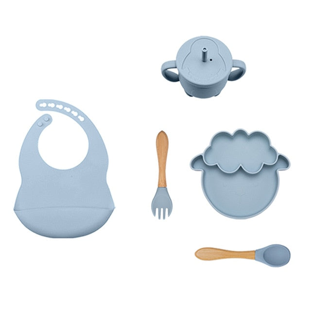 5Pcs/1Set Silicone Baby Feeding Bowl Tableware Waterproof Spoon Non-Slip Crockery BPA Free Silicone Dishes for Baby Tableware