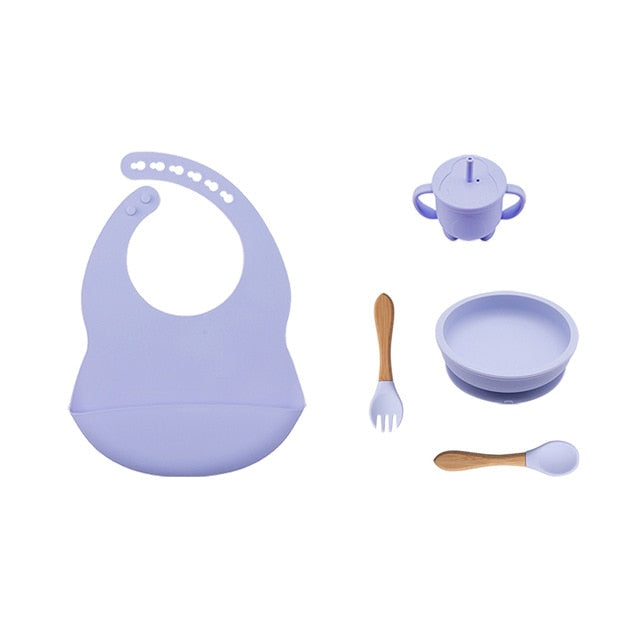 5Pcs/1Set Silicone Baby Feeding Bowl Tableware Waterproof Spoon Non-Slip Crockery BPA Free Silicone Dishes for Baby Tableware