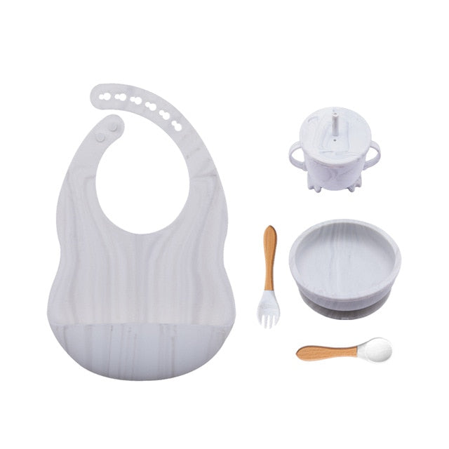 5Pcs/1Set Silicone Baby Feeding Bowl Tableware Waterproof Spoon Non-Slip Crockery BPA Free Silicone Dishes for Baby Tableware