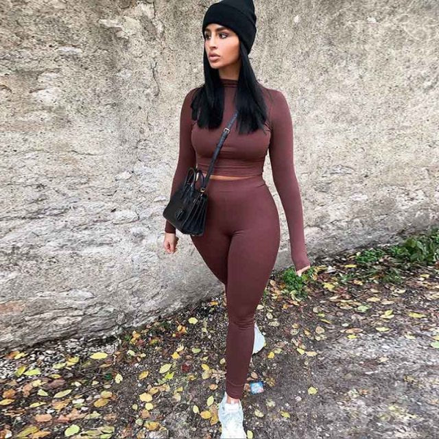 2021 Summer Women Sport Fitness 2 Two Piece Set Outfits Long Sleeve Crop Tops Tshirt Leggings Pants Set Bodycon Tracksuit