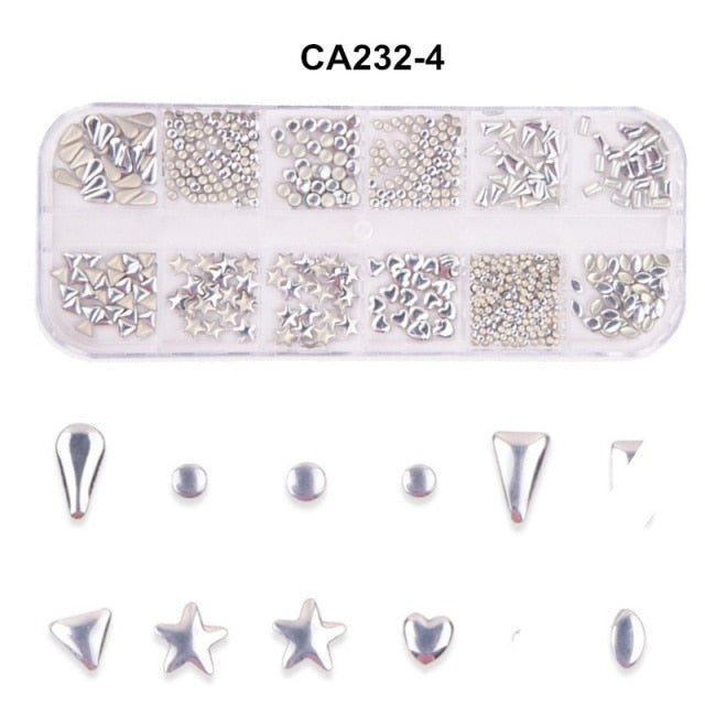 12 Grid Mixed Style Nail Art Moon Star Gold Metal Rivet Studs 3D DIY Charm Decoration Accessories Jewelry Glitter Manicure Stone