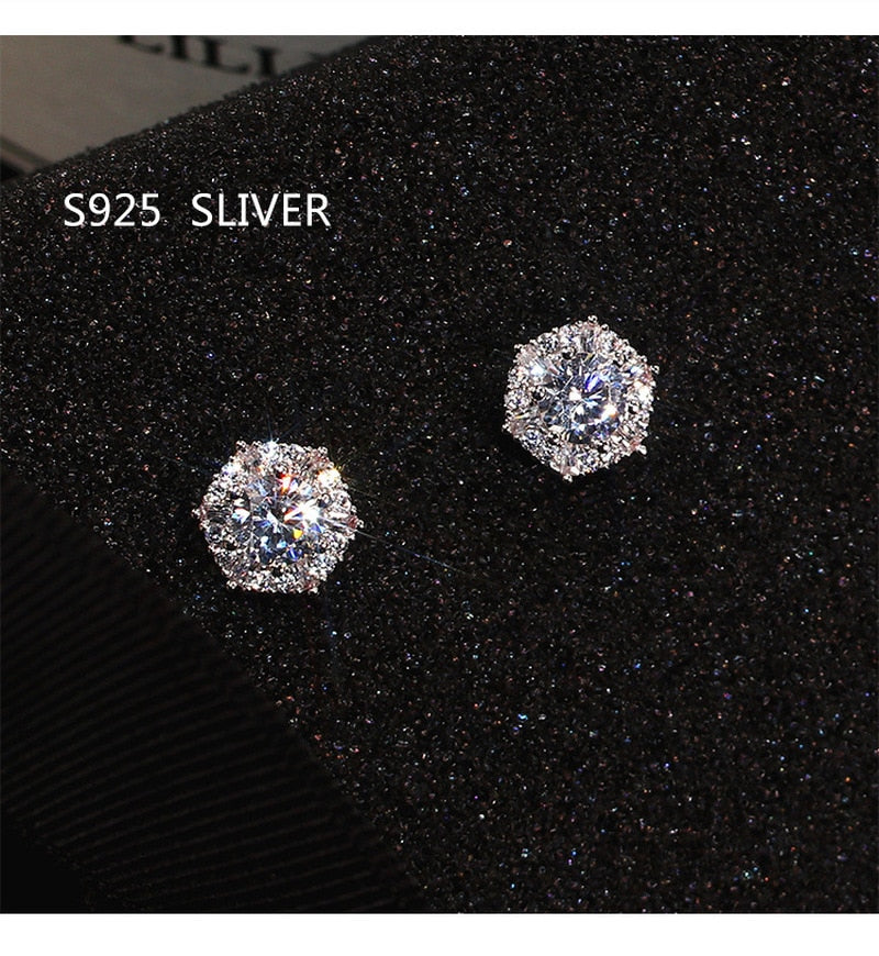 S925 Sterling Silver Color Simple Round Bling CZ Zircon Stone Stud Earrings Fashion Jewelry Korean Earrings for Women Girl