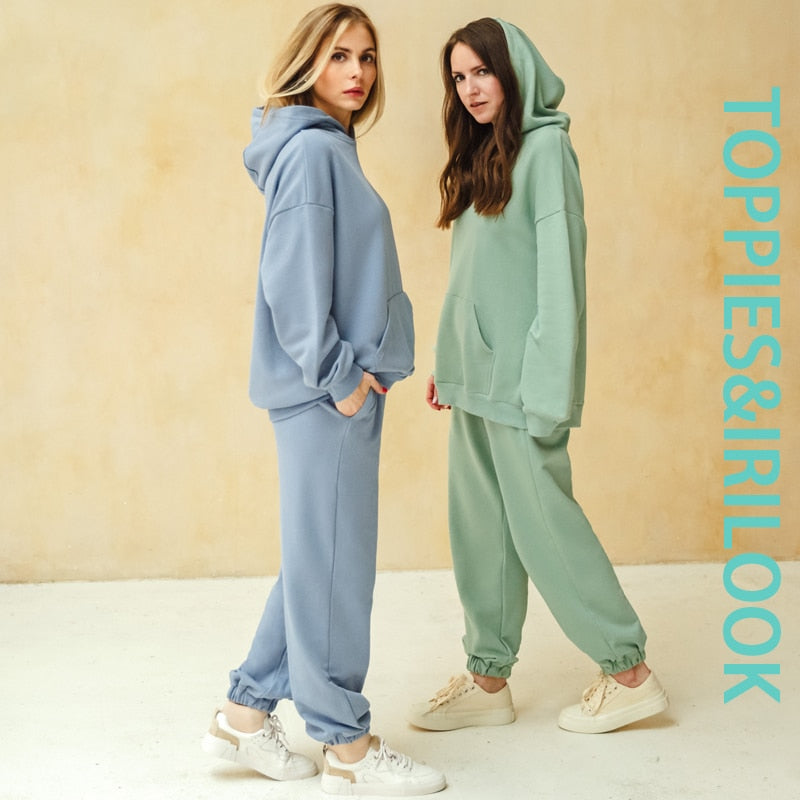 Toppies 2021 Women Hoodies and Sweatpants White Tracksuits Female Two Piece Solid Color Pullovers Jacket Lounge Wear Casual