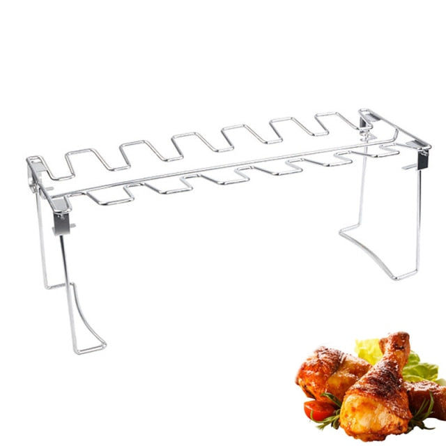 BBQ Beef Chicken Leg Wing Grill Rack 14 Slots Stainless Steel Barbecue Drumsticks Holder Smoker Oven Roaster Stand with Drip Pan