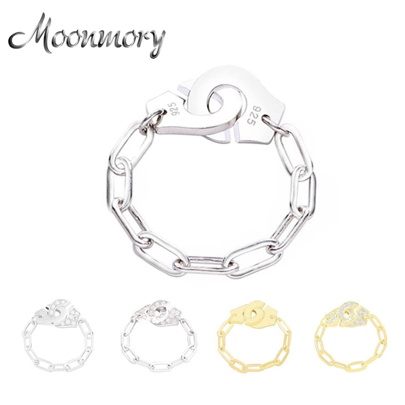 Moonmory Fashion 925 Sterling Silver Handcuff Ring White Paper Clip Chain Menottes Ring Gift For Women And Men Jewelry Dating