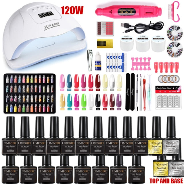 Nail Set 120W UV LED Lamp Dryer With 18/12 PCS Nail Gel Polish Kit Soak Off Manicure Set electric Nail drill For Nail Tools Set