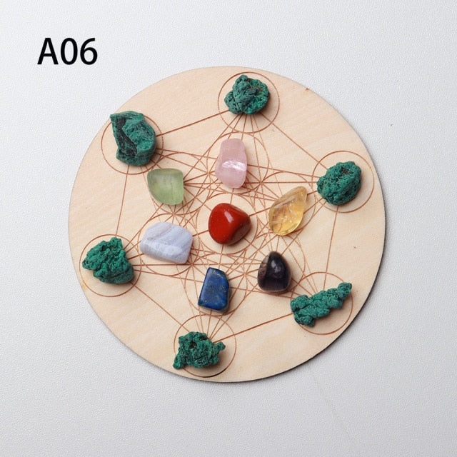 7pcs/set Natural Crystal Mixed  seven Chakra Healing Stone + Seven Star Array Wood Plate Gravel Chips Chakra Home decor Gift