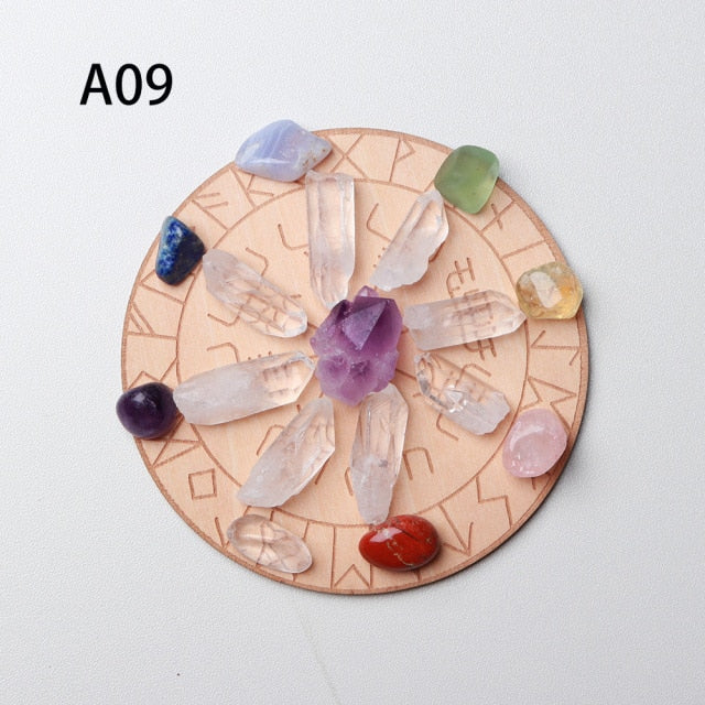 7pcs/set Natural Crystal Mixed  seven Chakra Healing Stone + Seven Star Array Wood Plate Gravel Chips Chakra Home decor Gift