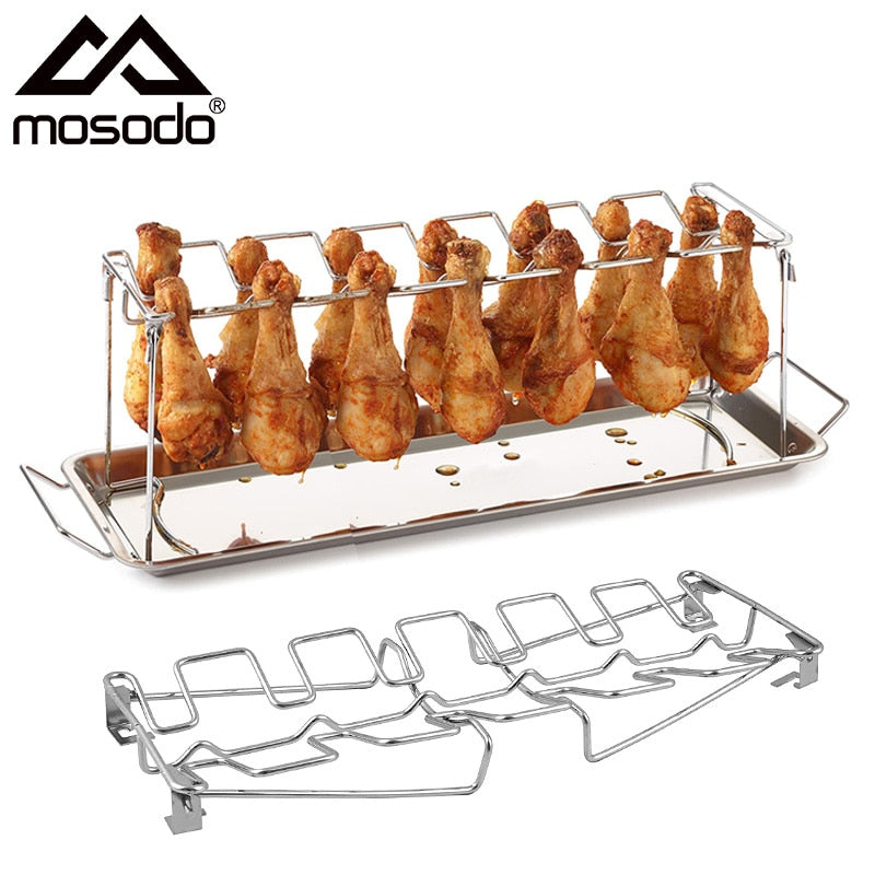 BBQ Beef Chicken Leg Wing Grill Rack 14 Slots Stainless Steel Barbecue Drumsticks Holder Smoker Oven Roaster Stand with Drip Pan