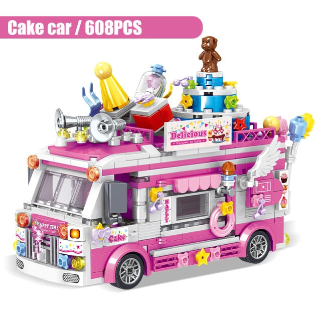 City Mini Girls Ice Cream Sets Model Building Blocks Friends Racing Vehicle Hot Dog Camping Car Bricks Toys For Children