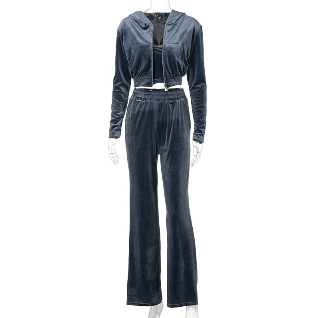 Dulzura Velvet Women 3 Piece Set Hoodie Sweatshirt Zipper Tube Crop Top High Waist Wide Leg Pants Tracksuit Sporty Casual Outfit