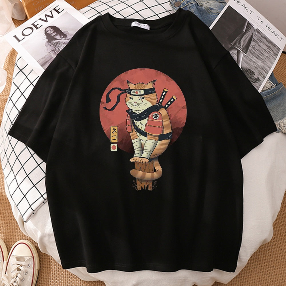 Japanese Ninja Cat Printing T-Shirt Man Cool Summer Short Sleeve Man Tshirts Vintage Fashion T-Shirts Punk Streetwear T Shirt