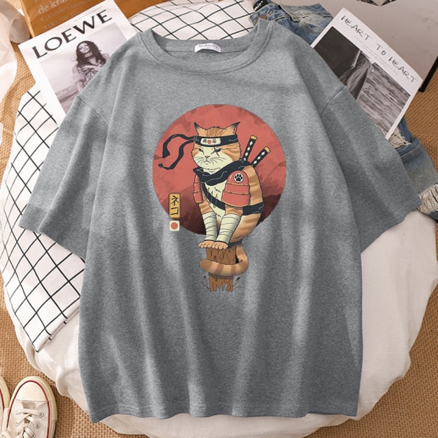 Japanese Ninja Cat Printing T-Shirt Man Cool Summer Short Sleeve Man Tshirts Vintage Fashion T-Shirts Punk Streetwear T Shirt