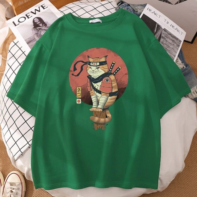 Japanese Ninja Cat Printing T-Shirt Man Cool Summer Short Sleeve Man Tshirts Vintage Fashion T-Shirts Punk Streetwear T Shirt