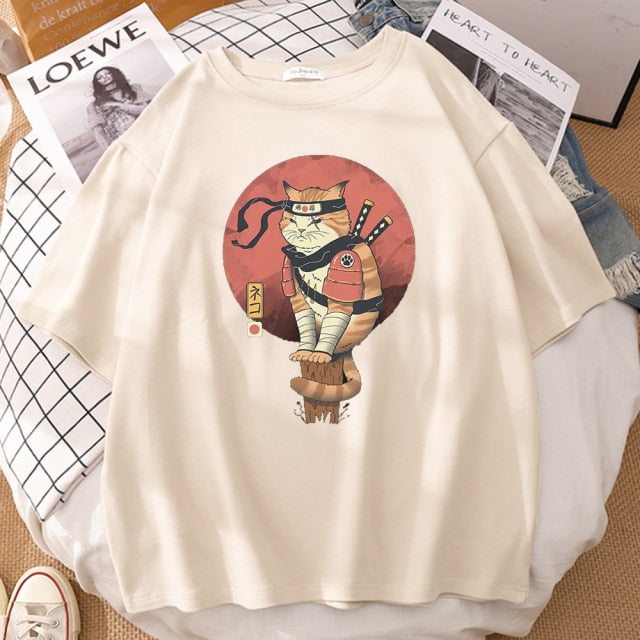 Japanese Ninja Cat Printing T-Shirt Man Cool Summer Short Sleeve Man Tshirts Vintage Fashion T-Shirts Punk Streetwear T Shirt