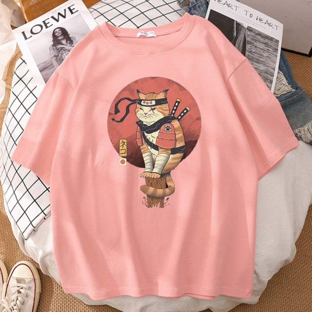 Japanese Ninja Cat Printing T-Shirt Man Cool Summer Short Sleeve Man Tshirts Vintage Fashion T-Shirts Punk Streetwear T Shirt